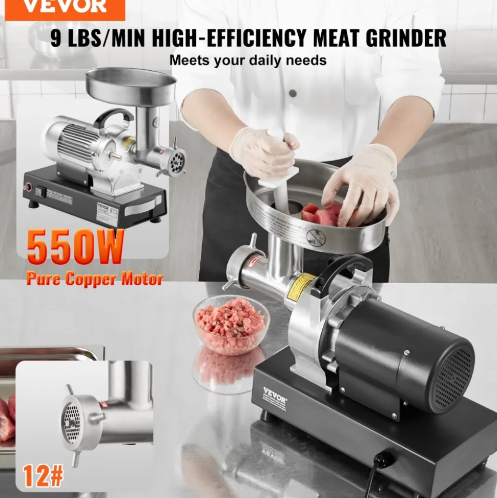 VEVOR Meat Grinder, 9 Lbs/Min Capacity Electric Meat Grinders with Blade, Grinding Plate, Sausage Maker, Stainless Steel Commercial Meat Mincer for Kitchen Restaurant Butcher Store