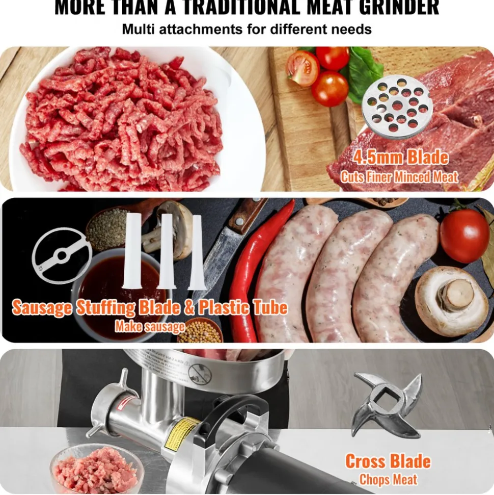 VEVOR Meat Grinder, 9 Lbs/Min Capacity Electric Meat Grinders with Blade, Grinding Plate, Sausage Maker, Stainless Steel Commercial Meat Mincer for Kitchen Restaurant Butcher Store