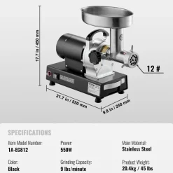 VEVOR Meat Grinder, 9 Lbs/Min Capacity Electric Meat Grinders with Blade, Grinding Plate, Sausage Maker, Stainless Steel Commercial Meat Mincer for Kitchen Restaurant Butcher Store