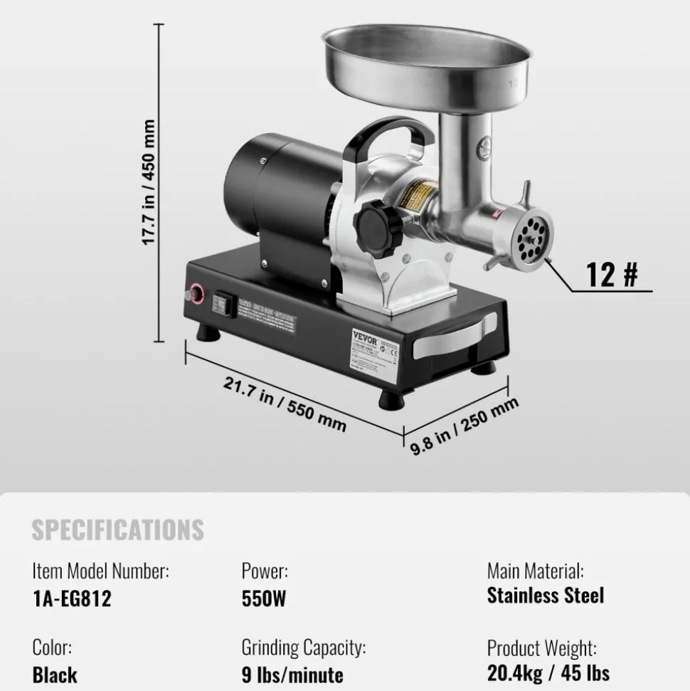 VEVOR Meat Grinder, 9 Lbs/Min Capacity Electric Meat Grinders with Blade, Grinding Plate, Sausage Maker, Stainless Steel Commercial Meat Mincer for Kitchen Restaurant Butcher Store