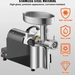 VEVOR Meat Grinder, 9 Lbs/Min Capacity Electric Meat Grinders with Blade, Grinding Plate, Sausage Maker, Stainless Steel Commercial Meat Mincer for Kitchen Restaurant Butcher Store
