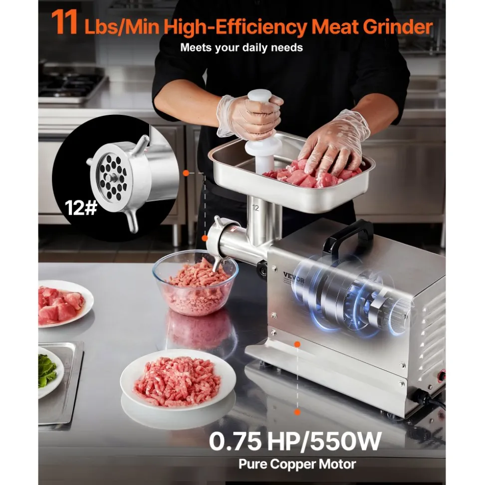 VEVOR Meat Grinder, 11 Lbs/Min Capacity Electric Meat Grinders with Blade, Grinding Plate, Sausage Maker, Stainless Steel Commercial Meat Mincer for Kitchen Restaurant Butcher Store