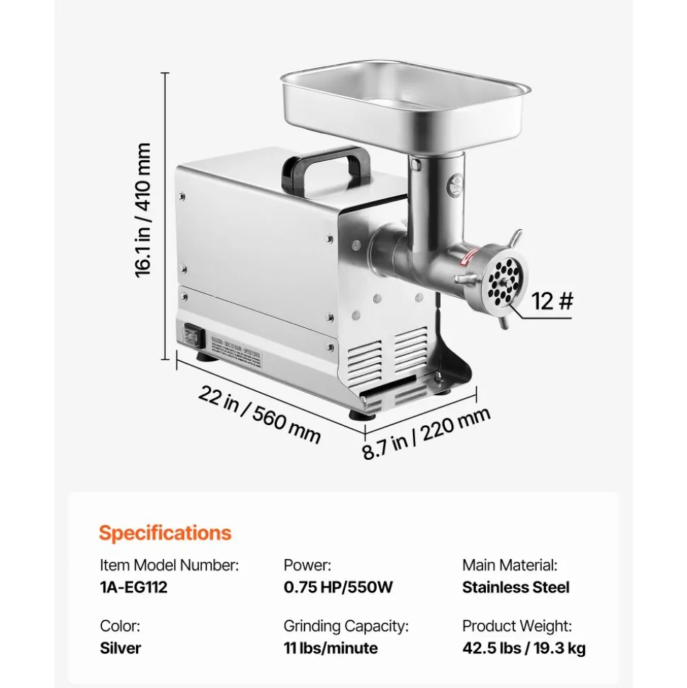 VEVOR Meat Grinder, 11 Lbs/Min Capacity Electric Meat Grinders with Blade, Grinding Plate, Sausage Maker, Stainless Steel Commercial Meat Mincer for Kitchen Restaurant Butcher Store