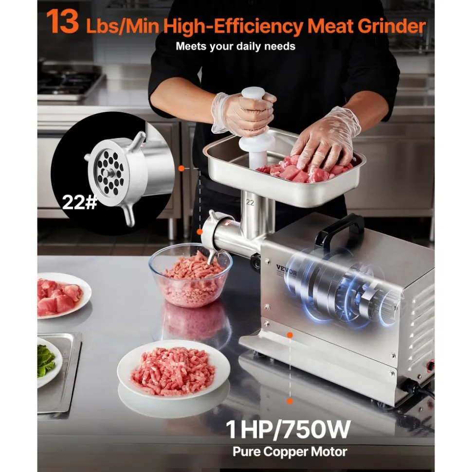 VEVOR Meat Grinder, 13 Lbs/Min Capacity Electric Meat Grinders with Blade, Grinding Plate, Sausage Maker, Stainless Steel Commercial Meat Mincer for Kitchen Restaurant Butcher Store