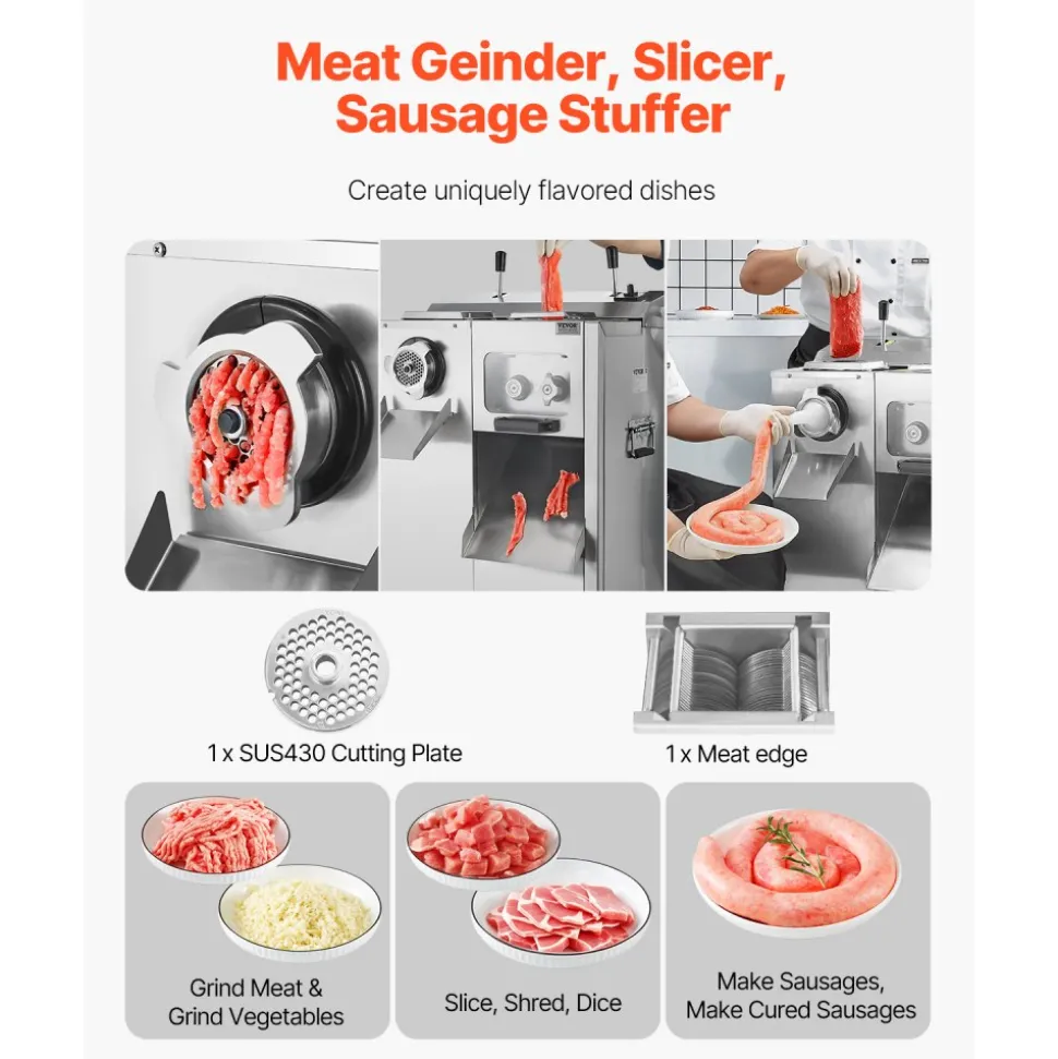 VEVOR Meat Grinder, 14 Lbs/Min Electric Meat Grinder, Slicer, Sausage Stuffer with Blade, Grinding Plate, Sausage Maker, Stainless Steel Meat Mincer Cabinet for Slice Shred Dice, Restaurant Butcher