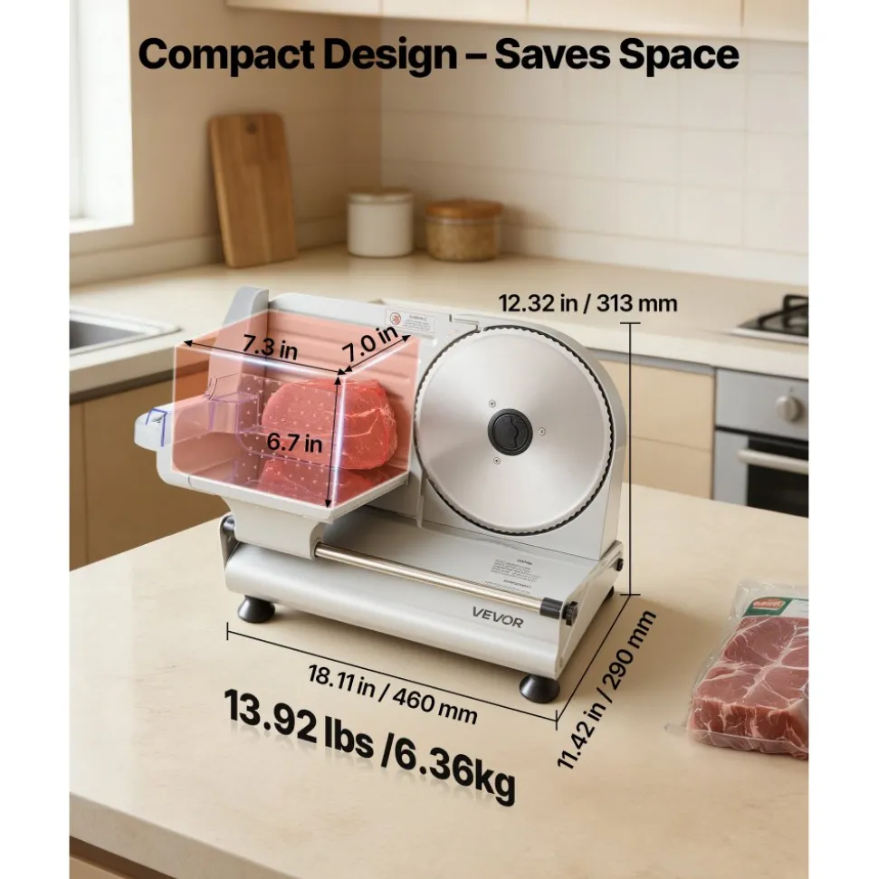 VEVOR Meat Slicer, 8.6" Electric Deli Slicer with 2 SUS420 Blades & 0-0.6" Adjustable Thickness, Dual Security Lock, 200W Home Food-Slicer for Frozen Meat, Ham, Baguett, Steak, ETL Approved