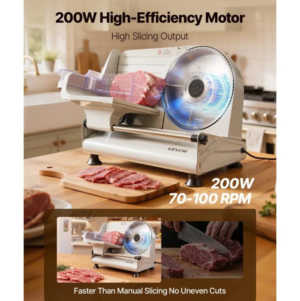 VEVOR Meat Slicer, 8.6" Electric Deli Slicer with 2 SUS420 Blades & 0-0.6" Adjustable Thickness, Dual Security Lock, 200W Home Food-Slicer for Frozen Meat, Ham, Baguett, Steak, ETL Approved