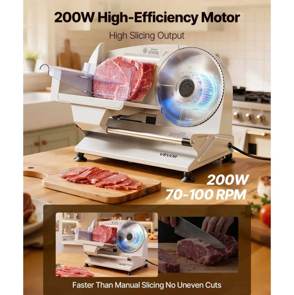 VEVOR Meat Slicer, 7.5" Electric Deli Slicer with 2 SUS420 Blades & 0-0.6" Adjustable Thickness, 200W Home Food-Slicer for Frozen Meat, Ham, Baguett, Steak, UL Approved