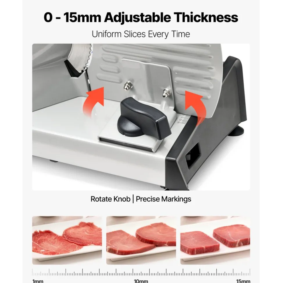 VEVOR Meat Slicer, 7.5 inch 200W Electric Deli Slicer Machine with SUS420 Blade, 0-0.6 inch Adjustable Thickness, ETL Certified Home Food-Slicer for Meat, Ham, Baguett, Steak, ETL Approved