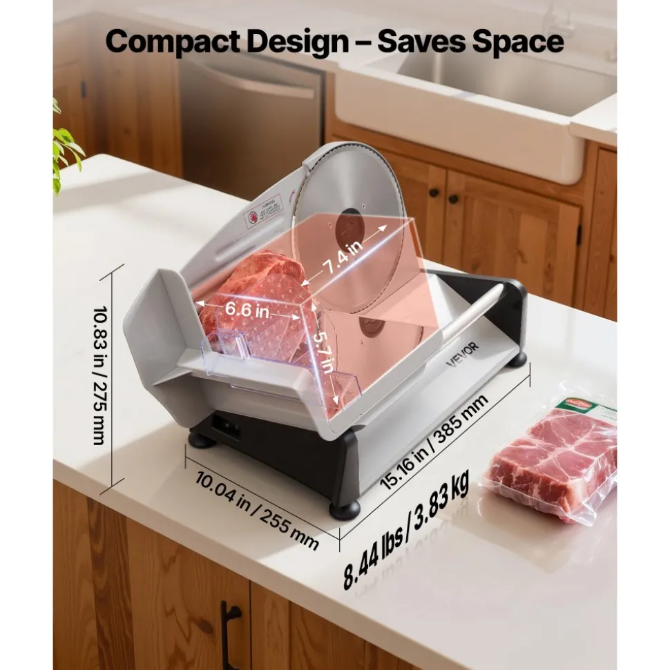 VEVOR Meat Slicer, 7.5 inch 200W Electric Deli Slicer Machine with SUS420 Blade, 0-0.6 inch Adjustable Thickness, ETL Certified Home Food-Slicer for Meat, Ham, Baguett, Steak, ETL Approved