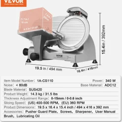 VEVOR Meat Slicer, 340W Electric Deli Food Slicer with 10" SUS420 Stainless Steel Blade and Built-in Sharpening Stone, 0-0.6 inch Adjustable Thickness for Commercial and Home Use, Cut Meat and Cheese