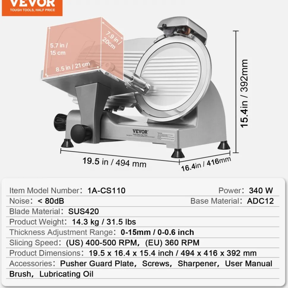 VEVOR Meat Slicer, 340W Electric Deli Food Slicer with 10" SUS420 Stainless Steel Blade and Built-in Sharpening Stone, 0-0.6 inch Adjustable Thickness for Commercial and Home Use, Cut Meat and Cheese