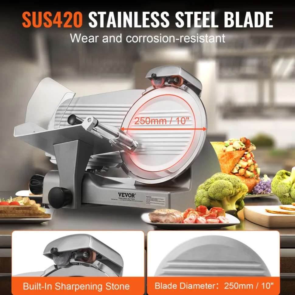 VEVOR Meat Slicer, 340W Electric Deli Food Slicer with 10" SUS420 Stainless Steel Blade and Built-in Sharpening Stone, 0-0.6 inch Adjustable Thickness for Commercial and Home Use, Cut Meat and Cheese