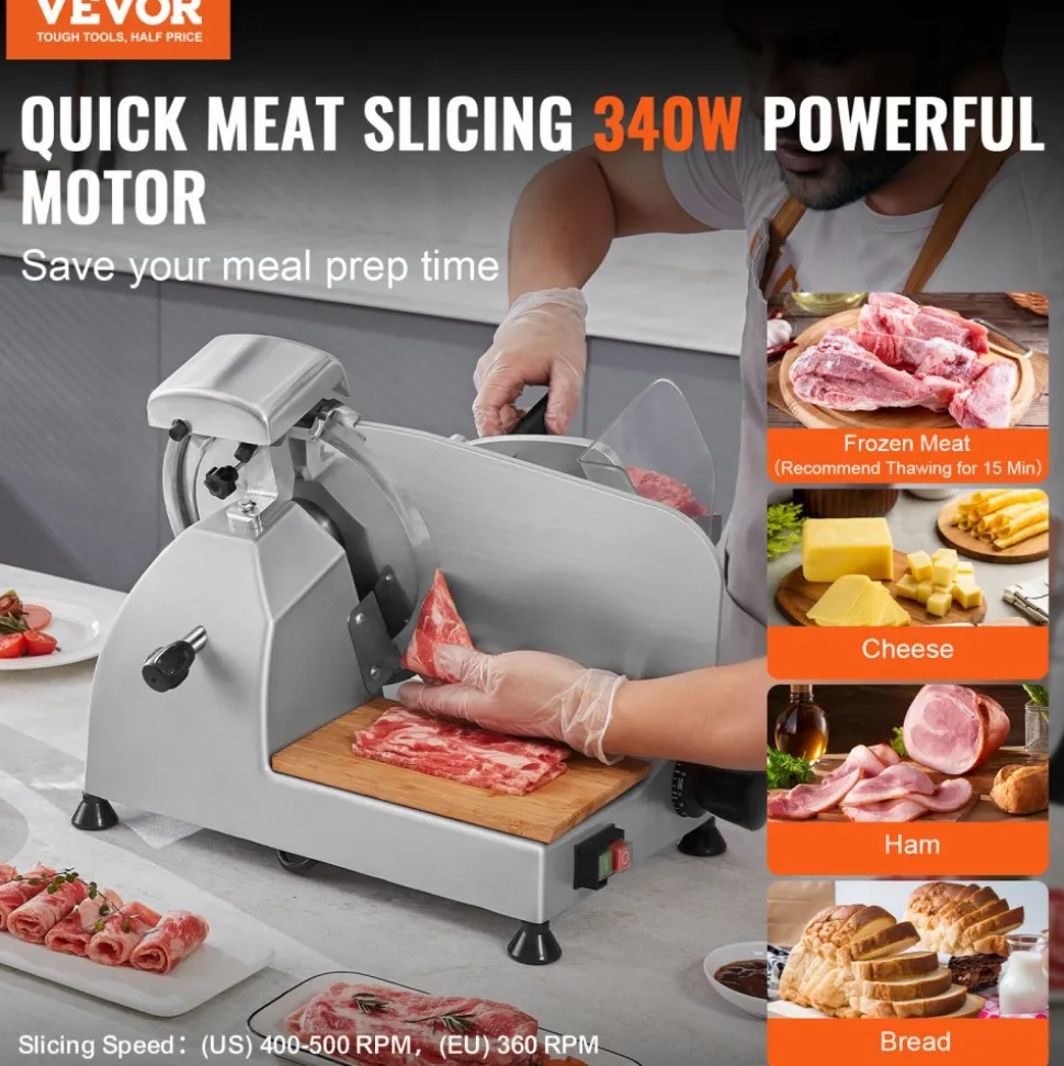 VEVOR Meat Slicer, 340W Electric Deli Food Slicer with 10" SUS420 Stainless Steel Blade and Built-in Sharpening Stone, 0-0.6 inch Adjustable Thickness for Commercial and Home Use, Cut Meat and Cheese