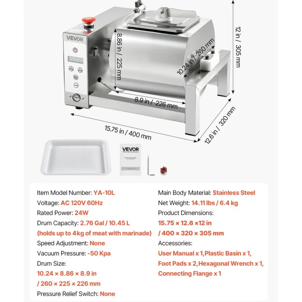 VEVOR Meat Tumbler Marinator, 10L Vacuum Tumbler Marinating Machine with Automatic Bidirectional Rotation, Stainless Steel Vacuum Curing Machine for Chicken Steak Pork, Home & Commercial Use