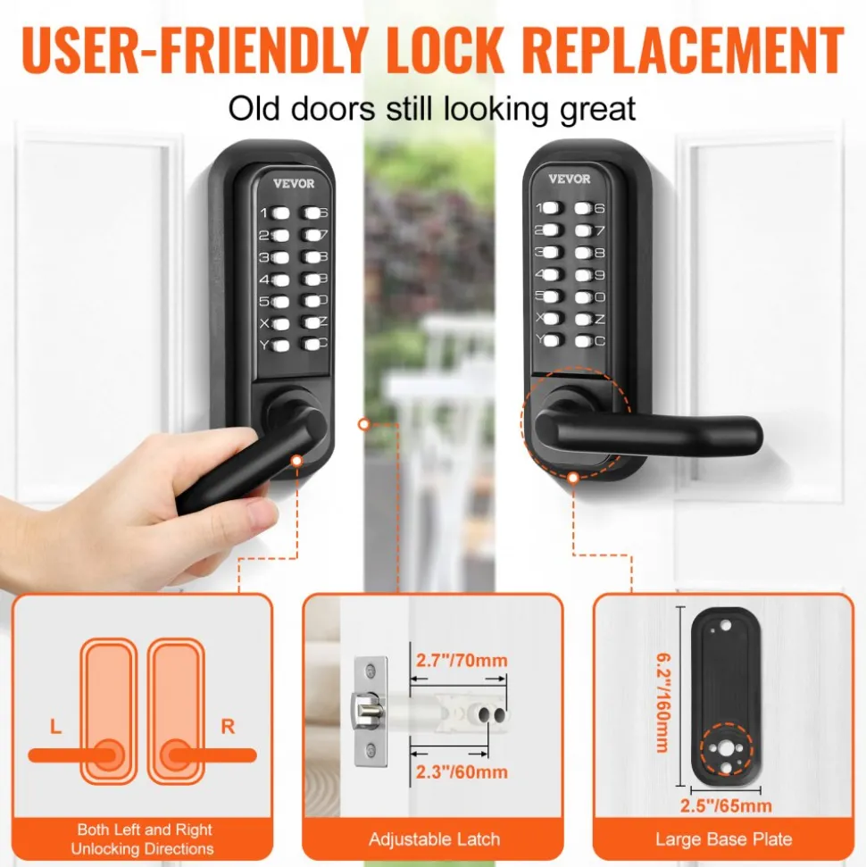 VEVOR Mechanical Keyless Entry Door Lock, 2.0 Code Upgrade, 4-7 Digits Code, Single-Sided Push Button Combination Mechanical Keypad Door Knob, Auto Locking, for Garden Gates, Indoor or Outdoor, Silver