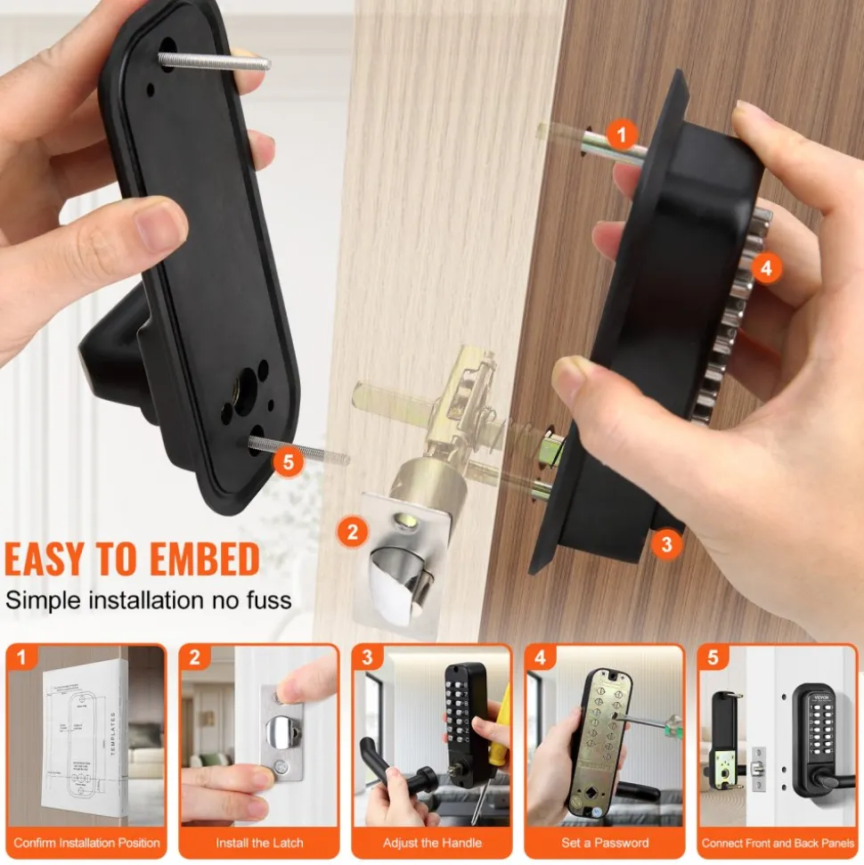 VEVOR Mechanical Keyless Entry Door Lock, 2.0 Code Upgrade, 4-7 Digits Code, Single-Sided Push Button Combination Mechanical Keypad Door Knob, Auto Locking, for Garden Gates, Indoor or Outdoor, Silver