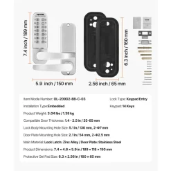 VEVOR Mechanical Keyless Entry Door Lock, 14 Key Mechanical Door Lock, Mechanical Keypad Door Lock with Handle, Stainless Steel Waterproof Keyless Gate Lock, for Home Office Outdoor Fence Garage Yard