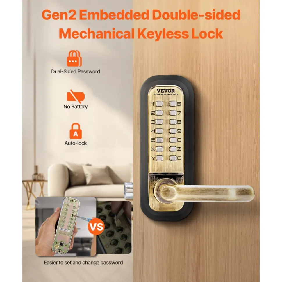 VEVOR Mechanical Keyless Entry Door Lock, 14 Key Mechanical Door Lock, Mechanical Keypad Door Lock with Handle, Double-Sided Stainless Steel Waterproof Keyless Gate Lock, for Home Office Fence Garage