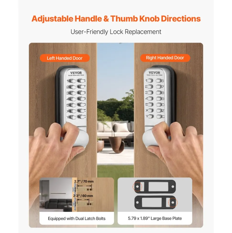 VEVOR Mechanical Keyless Entry Door Lock, 14 Key Mechanical Door Lock, Mechanical Keypad Door Knob, Single-Side Stainless Steel Waterproof Keyless Gate Lock, for Home Office Outdoor Fence Garage Yard