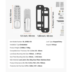 VEVOR Mechanical Keyless Entry Door Lock, 14 Key Mechanical Door Lock, Mechanical Keypad Door Knob, Single-Side Stainless Steel Waterproof Keyless Gate Lock, for Home Office Outdoor Fence Garage Yard