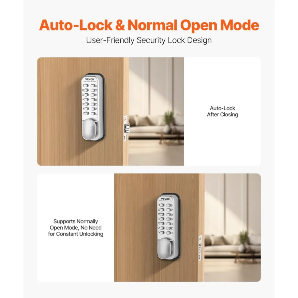 VEVOR Mechanical Keyless Entry Door Lock, 14 Key Mechanical Door Lock, Mechanical Keypad Door Knob, Single-Side Stainless Steel Waterproof Keyless Gate Lock, for Home Office Outdoor Fence Garage Yard