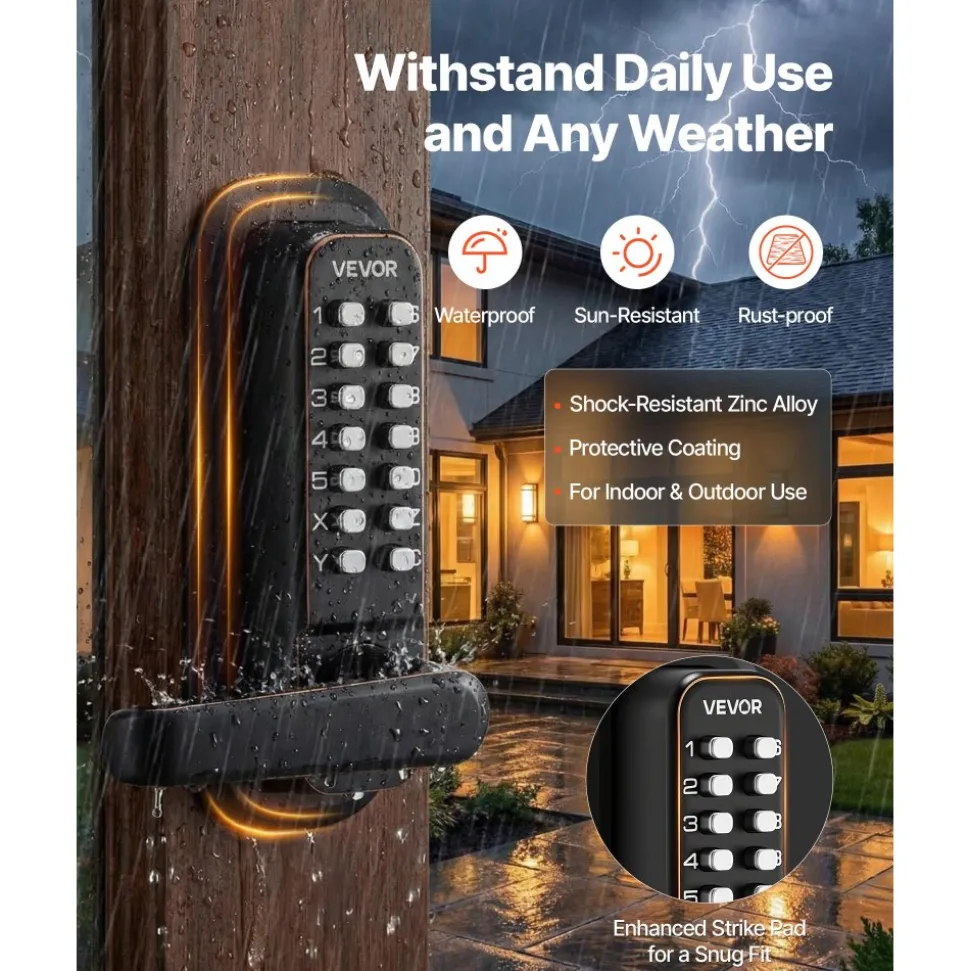 VEVOR Mechanical Keyless Entry Door Lock, 2.0 Code Upgrade, 4-7 Digits Code, Double-Sided Push Button Combination Keypad Door Lock with Handle, Auto Locking, for Indoor or Outdoor, Oil-Rubbed Bronze