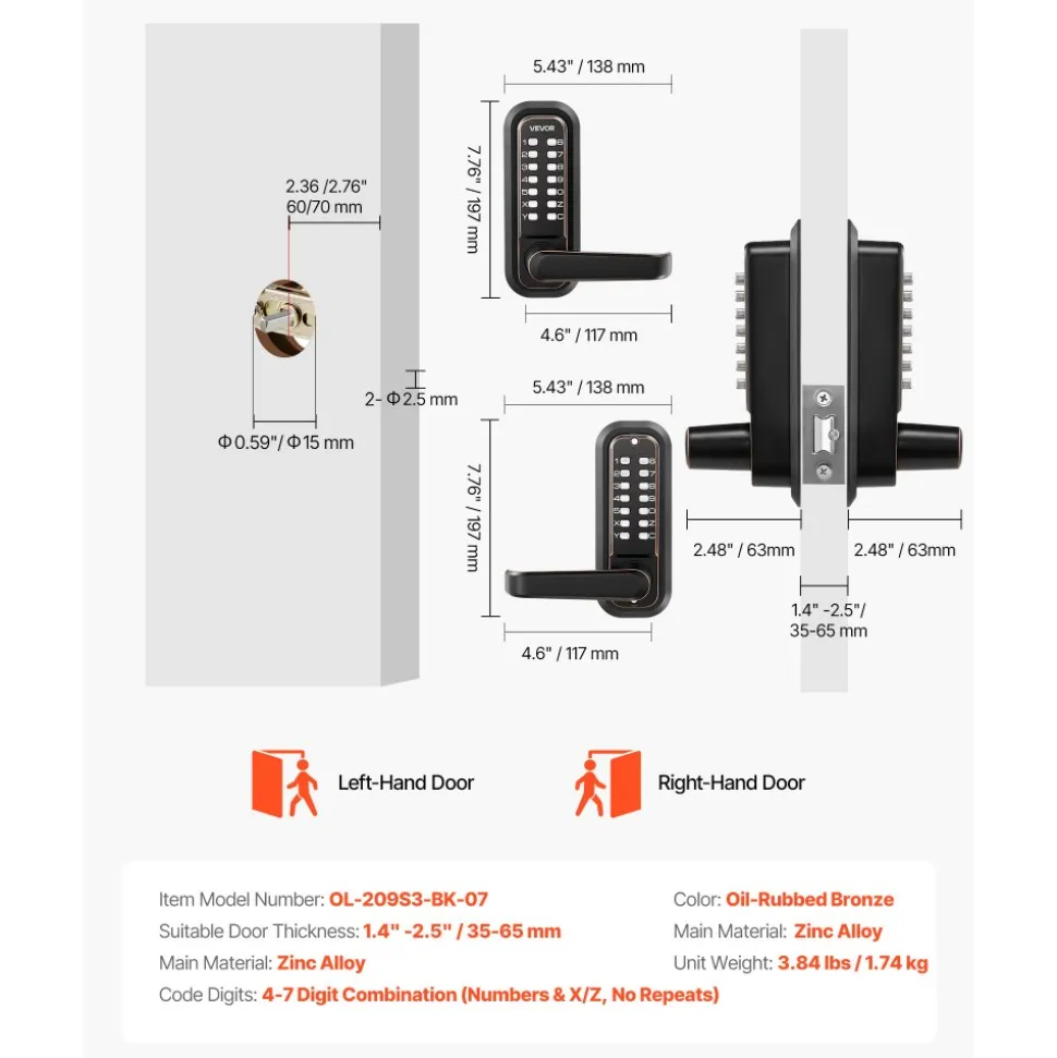 VEVOR Mechanical Keyless Entry Door Lock, 2.0 Code Upgrade, 4-7 Digits Code, Double-Sided Push Button Combination Keypad Door Lock with Handle, Auto Locking, for Indoor or Outdoor, Oil-Rubbed Bronze