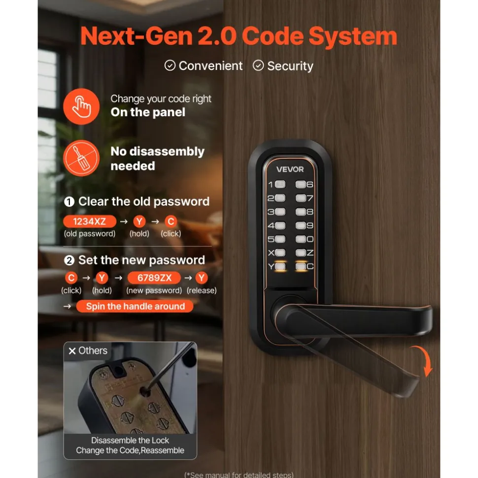 VEVOR Mechanical Keyless Entry Door Lock, 2.0 Code Upgrade, 4-7 Digits Code, Double-Sided Push Button Combination Keypad Door Lock with Handle, Auto Locking, for Indoor or Outdoor, Oil-Rubbed Bronze