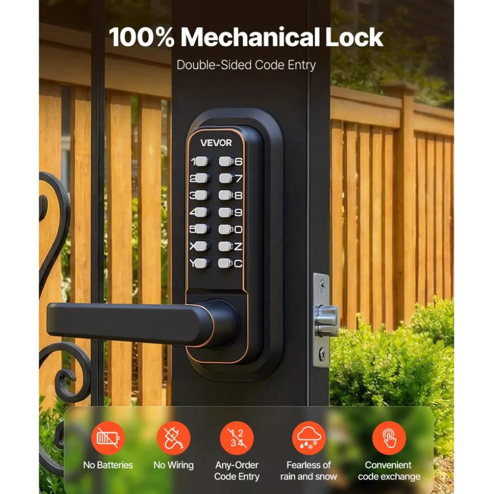 VEVOR Mechanical Keyless Entry Door Lock, 2.0 Code Upgrade, 4-7 Digits Code, Double-Sided Push Button Combination Keypad Door Lock with Handle, Auto Locking, for Indoor or Outdoor, Oil-Rubbed Bronze