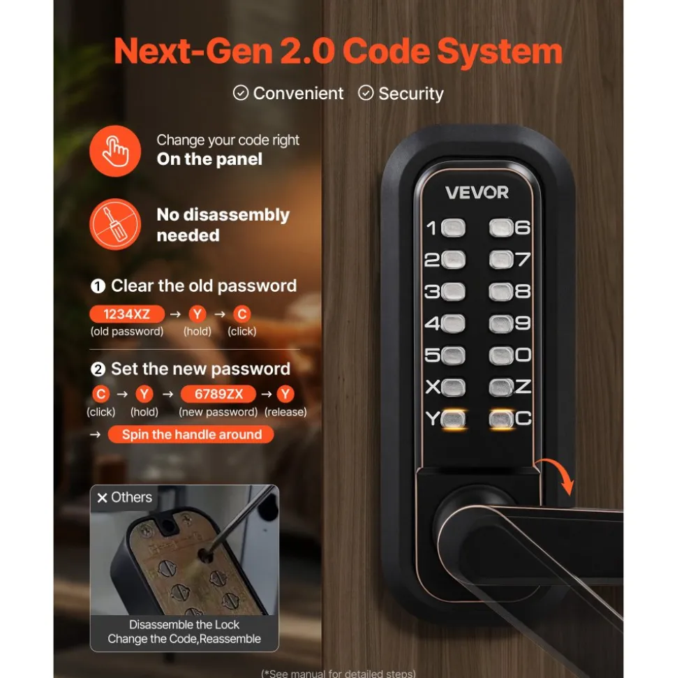 VEVOR Mechanical Keyless Entry Door Lock, 2.0 Code Upgrade, 4-7 Digits Code, Single-Sided Push Button Combination Keypad Door Lock with Handle, Auto Locking, for Indoor or Outdoor, Oil-Rubbed Bronze