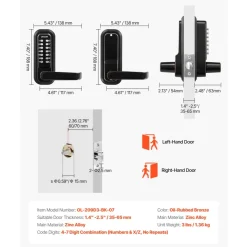 VEVOR Mechanical Keyless Entry Door Lock, 2.0 Code Upgrade, 4-7 Digits Code, Single-Sided Push Button Combination Keypad Door Lock with Handle, Auto Locking, for Indoor or Outdoor, Oil-Rubbed Bronze