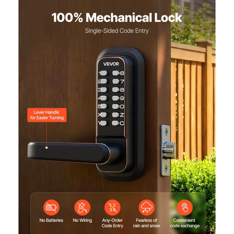 VEVOR Mechanical Keyless Entry Door Lock, 2.0 Code Upgrade, 4-7 Digits Code, Single-Sided Push Button Combination Keypad Door Lock with Handle, Auto Locking, for Indoor or Outdoor, Oil-Rubbed Bronze