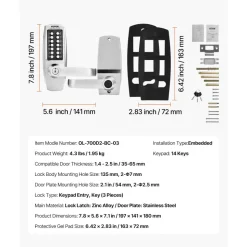 VEVOR Mechanical Keyless Entry Door Lock, 14 Key Mechanical Door Lock with Keys, Mechanical Keypad Door Lock with Handle, Stainless Steel Waterproof Keyless Gate Lock, for Home Office Outdoor Garage