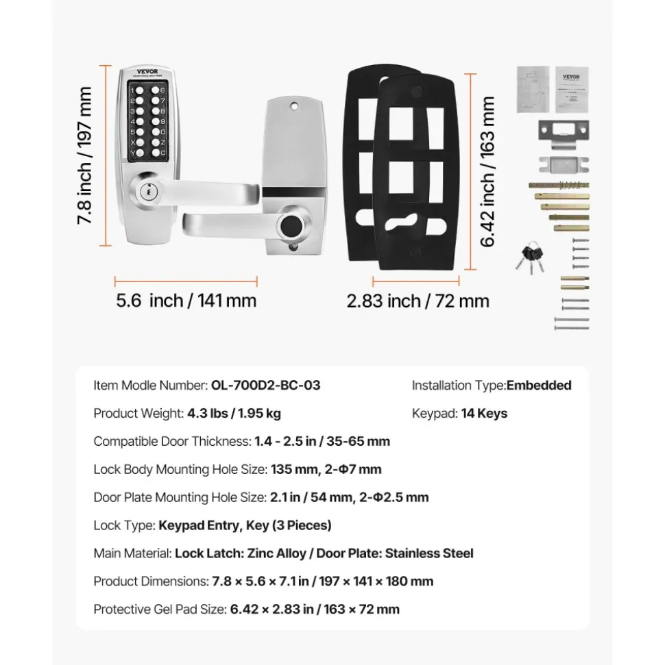 VEVOR Mechanical Keyless Entry Door Lock, 14 Key Mechanical Door Lock with Keys, Mechanical Keypad Door Lock with Handle, Stainless Steel Waterproof Keyless Gate Lock, for Home Office Outdoor Garage