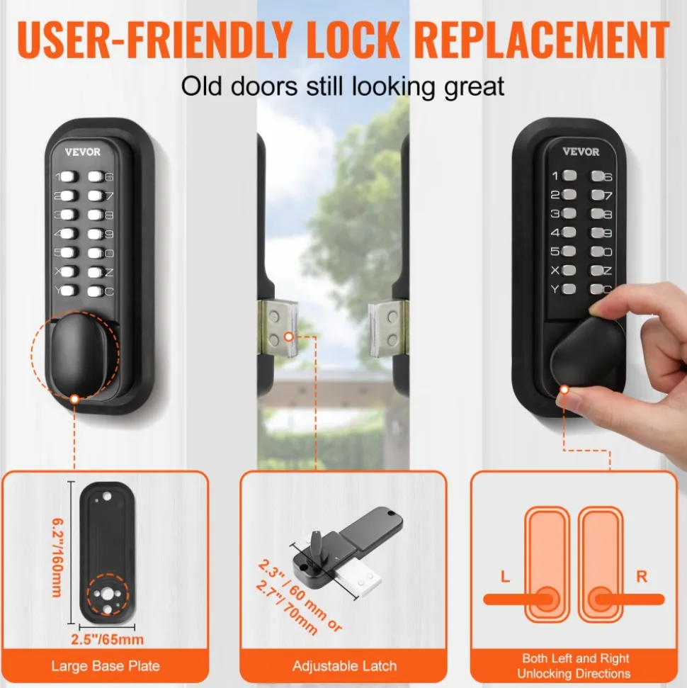 VEVOR Mechanical Keyless Entry Door Lock, 2.0 Code Upgrade, 5 Digits Code, Single-Sided Push Button Combination Keypad Door Lock with Handle, Auto Locking, for Garden Gates, Indoor or Outdoor, Silver