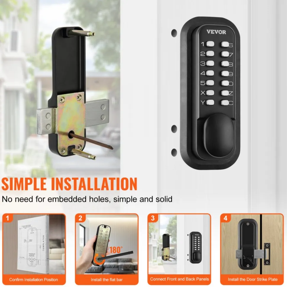 VEVOR Mechanical Keyless Entry Door Lock, 2.0 Code Upgrade, 5 Digits Code, Single-Sided Push Button Combination Keypad Door Lock with Handle, Auto Locking, for Garden Gates, Indoor or Outdoor, Silver