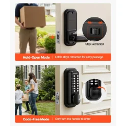 VEVOR Mechanical Keyless Entry Door Lock, 2.0 Code Upgrade, 4-7 Digits Code, Single-Sided Push Button Combination Mechanical Keypad Door Knob, Auto Locking, for Garden Gates, Indoor or Outdoor, Black