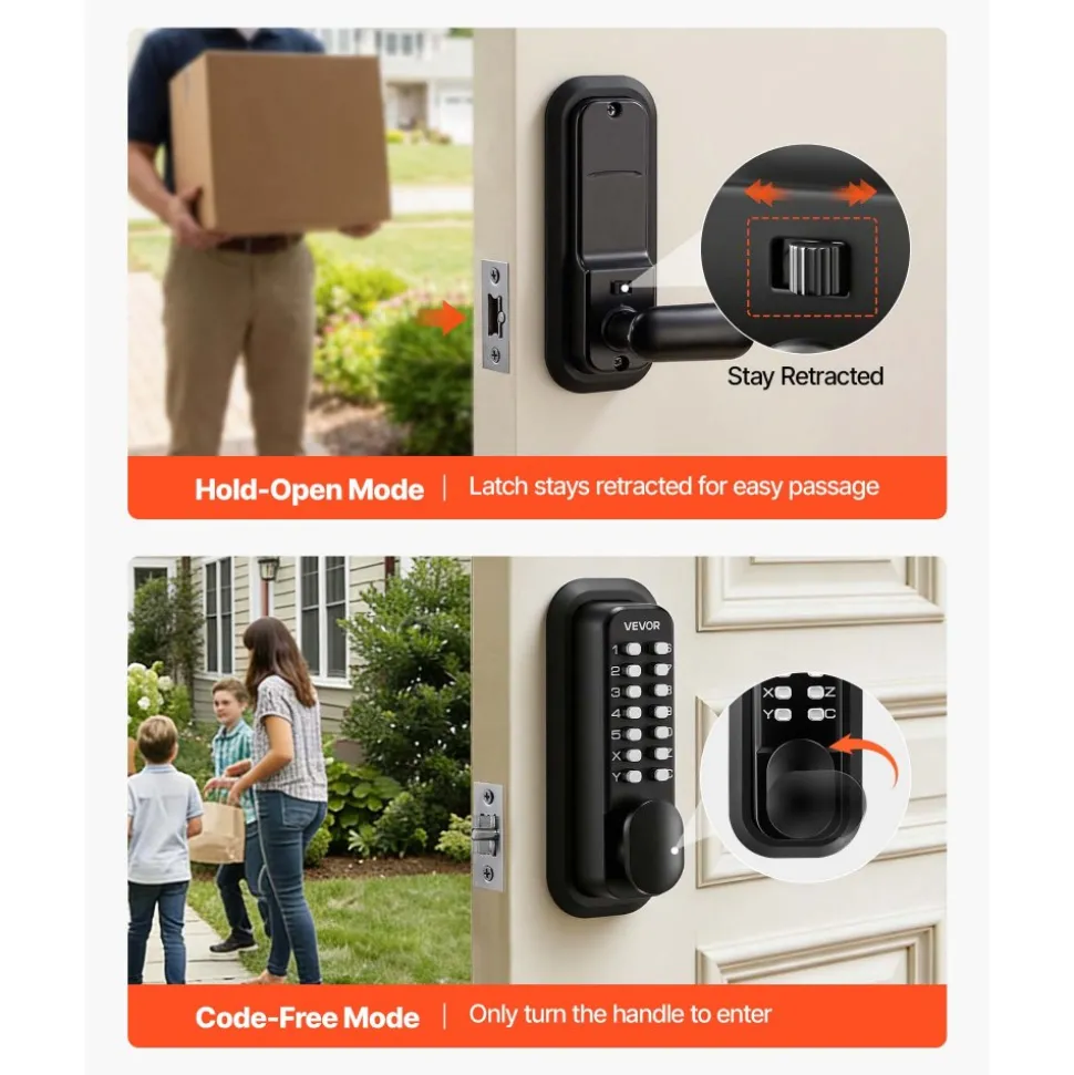 VEVOR Mechanical Keyless Entry Door Lock, 2.0 Code Upgrade, 4-7 Digits Code, Single-Sided Push Button Combination Mechanical Keypad Door Knob, Auto Locking, for Garden Gates, Indoor or Outdoor, Black