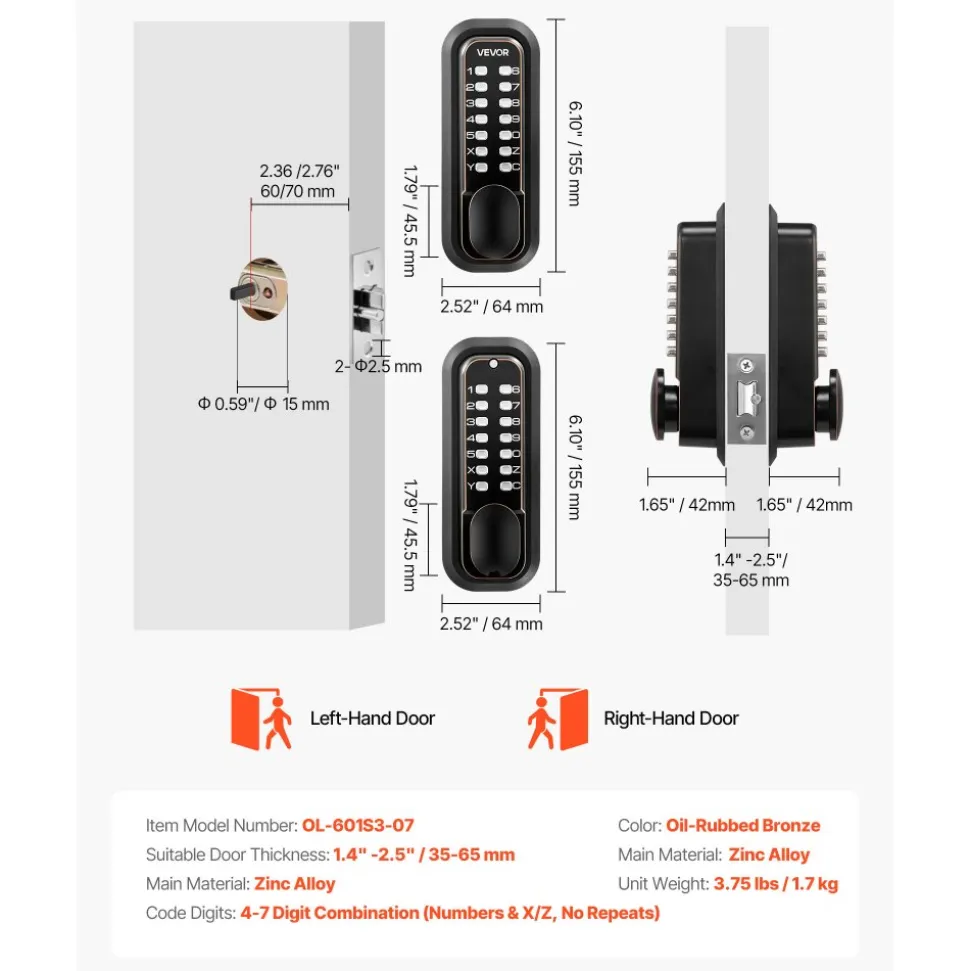 VEVOR Mechanical Keyless Entry Door Lock, 2.0 Code Upgrade, 4-7 Digits Code, Double-Sided Push Button Combination Mechanical Keypad Door Knob, Auto Locking, for Indoor or Outdoor, Oil-Rubbed Bronze