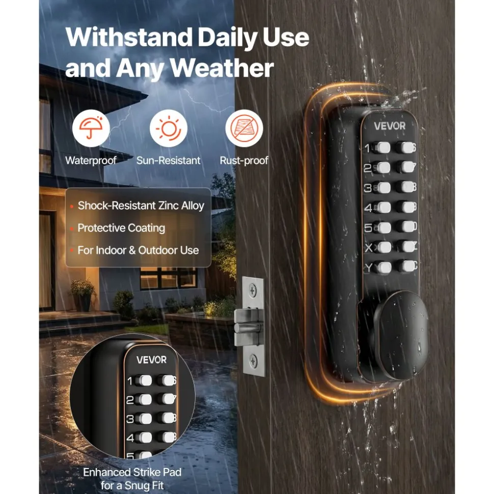 VEVOR Mechanical Keyless Entry Door Lock, 2.0 Code Upgrade, 4-7 Digits Code, Double-Sided Push Button Combination Mechanical Keypad Door Knob, Auto Locking, for Indoor or Outdoor, Oil-Rubbed Bronze