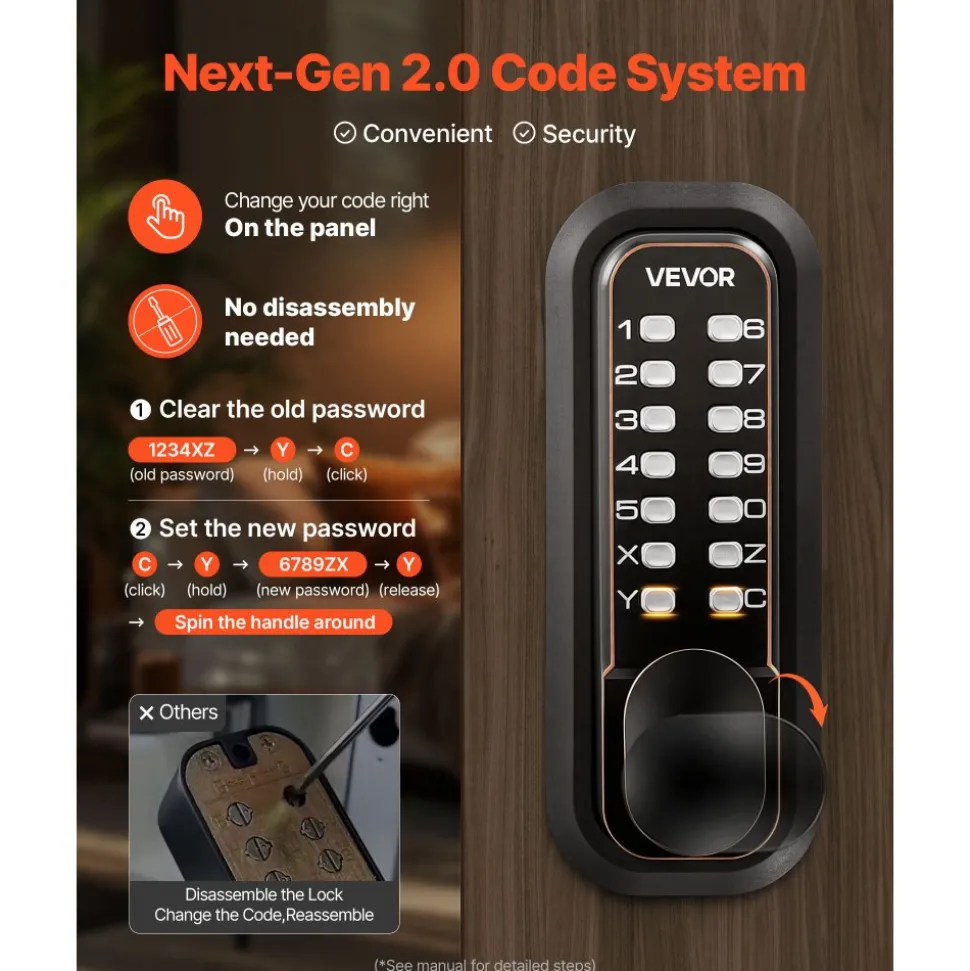 VEVOR Mechanical Keyless Entry Door Lock, 2.0 Code Upgrade, 4-7 Digits Code, Double-Sided Push Button Combination Mechanical Keypad Door Knob, Auto Locking, for Indoor or Outdoor, Oil-Rubbed Bronze