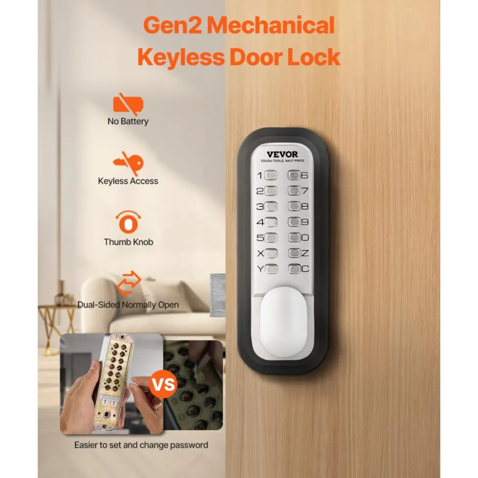 VEVOR Mechanical Keyless Entry Door Lock, 14 Key Mechanical Door Lock, Mechanical Keypad Door Lock with Adjustable Thumb Knob, Single-Side Zinc Alloy Waterproof Keyless Gate Lock, for Home Office