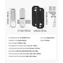 VEVOR Mechanical Keyless Entry Door Lock, 14 Key Mechanical Door Lock, Mechanical Keypad Door Lock with Adjustable Thumb Knob, Single-Side Zinc Alloy Waterproof Keyless Gate Lock, for Home Office