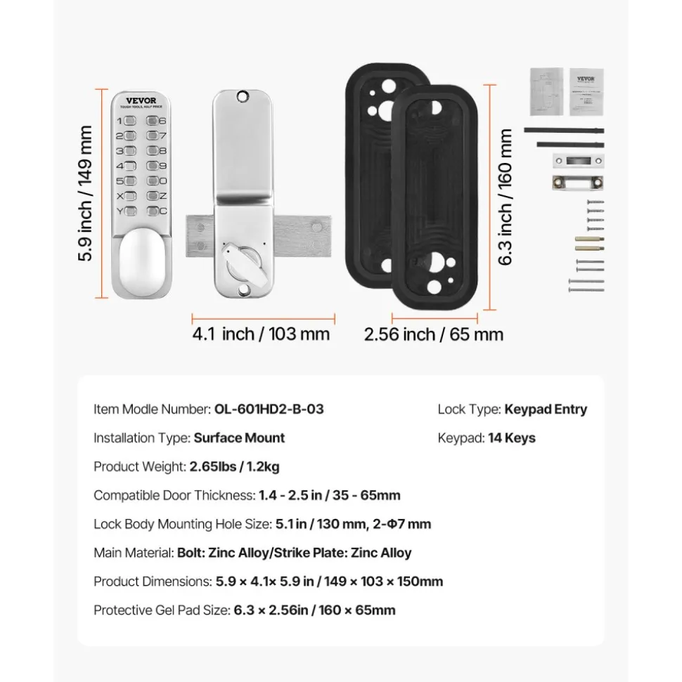 VEVOR Mechanical Keyless Entry Door Lock, 14 Key Mechanical Door Lock, Mechanical Keypad Door Lock with Adjustable Thumb Knob, Single-Side Zinc Alloy Waterproof Keyless Gate Lock, for Home Office