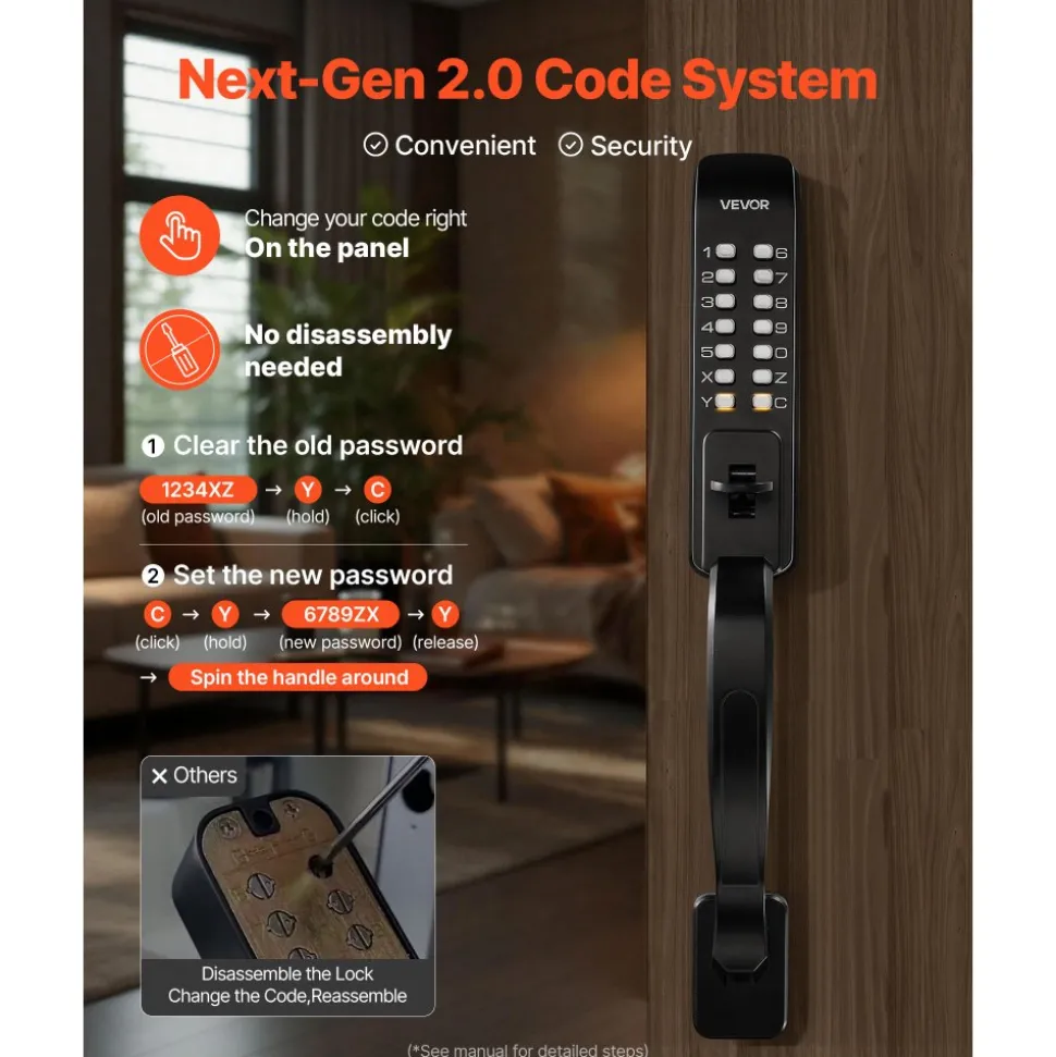 VEVOR Mechanical Keyless Entry Door Lock, 2.0 Code Upgrade, 4-7 Digits Code, Double-Sided Push Button Combination Keypad Door Lock with Pull Handle, Auto Locking, for Garden Gates, Indoor or Outdoor