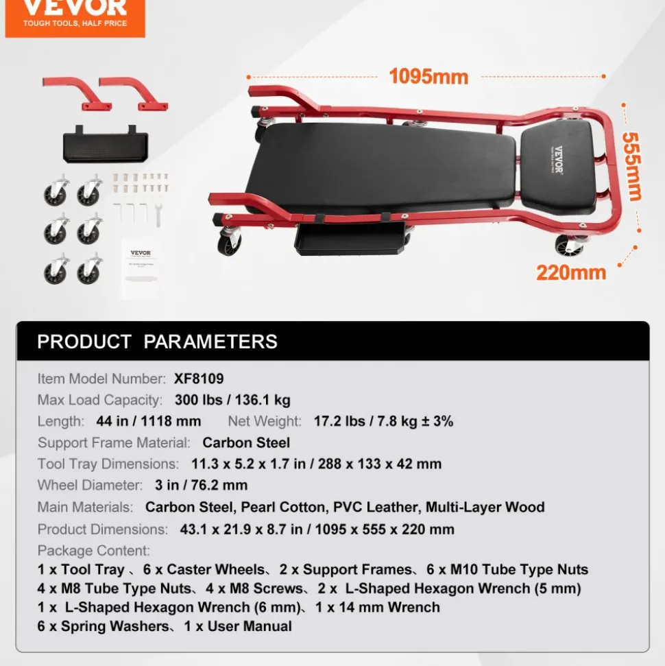VEVOR Mechanic Garage Creeper, 44-Inch, 300 lbs Capacity Automotive Rolling Creeper with 6 Casters Adjustable Cushioned Headrest Tool Tray, Heavy Duty Steel Frame for Garages, Repair Shops, and DIY