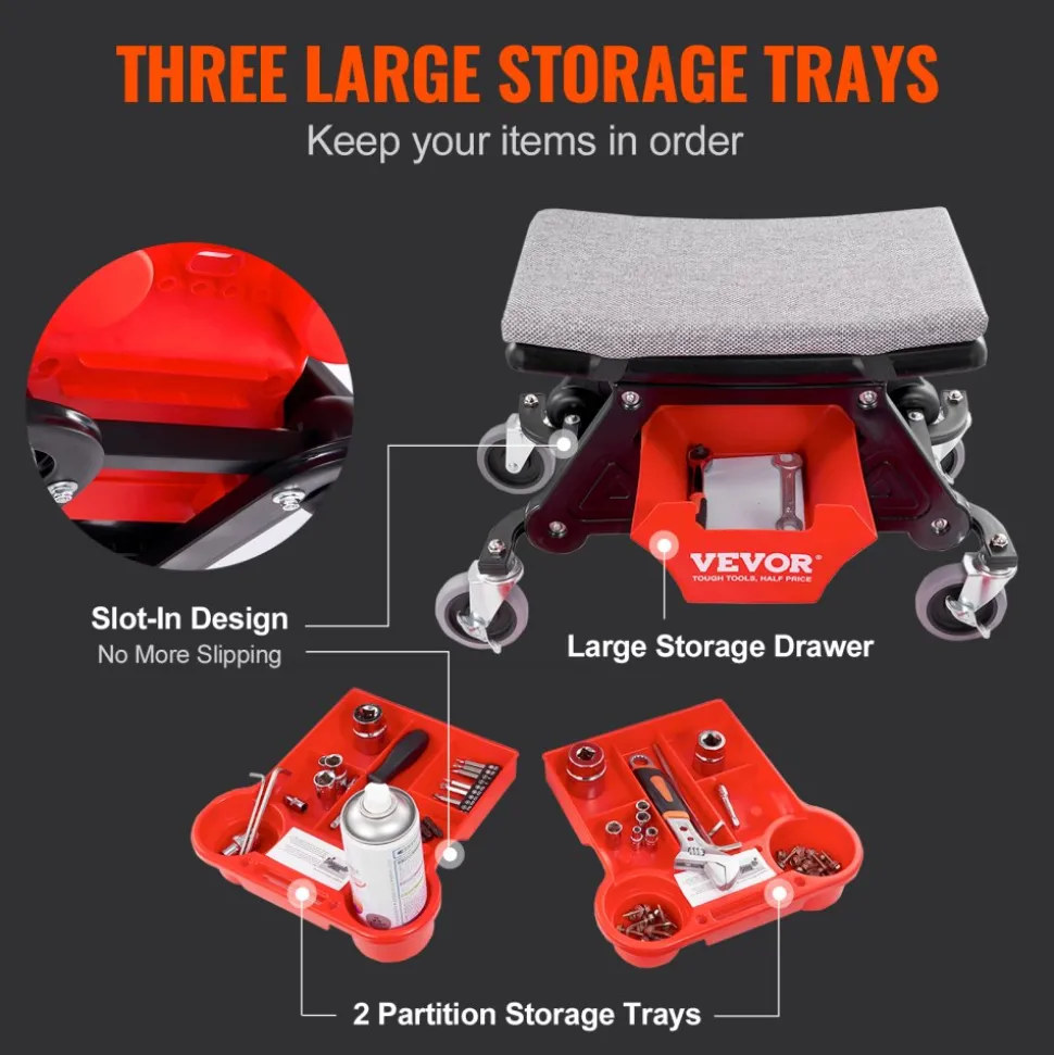 VEVOR Mechanics Stool, 300 LBS Capacity Rolling Mechanic Seat with 4" Wheels, with Three Slide Out Tool Trays and Drawer, Heavy Duty Roller Creeper Seat for Home Garage DIY Automotive