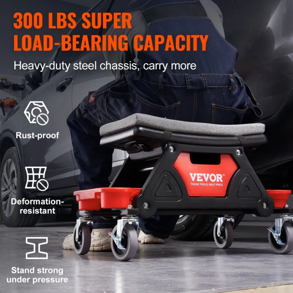 VEVOR Mechanics Stool, 300 LBS Capacity Rolling Mechanic Seat with 4" Wheels, with Three Slide Out Tool Trays and Drawer, Heavy Duty Roller Creeper Seat for Home Garage DIY Automotive