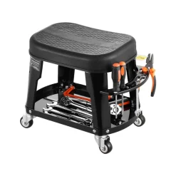 VEVOR Mechanic Stool, 300 lbs Capacity Garage Seat/Work Stool with Wheels, 360° Swivel Rolling Workshop Stool with Tool Tray and Screwdriver Rack, Heavy-Duty, for Garage, Shop & Auto Repair, Black